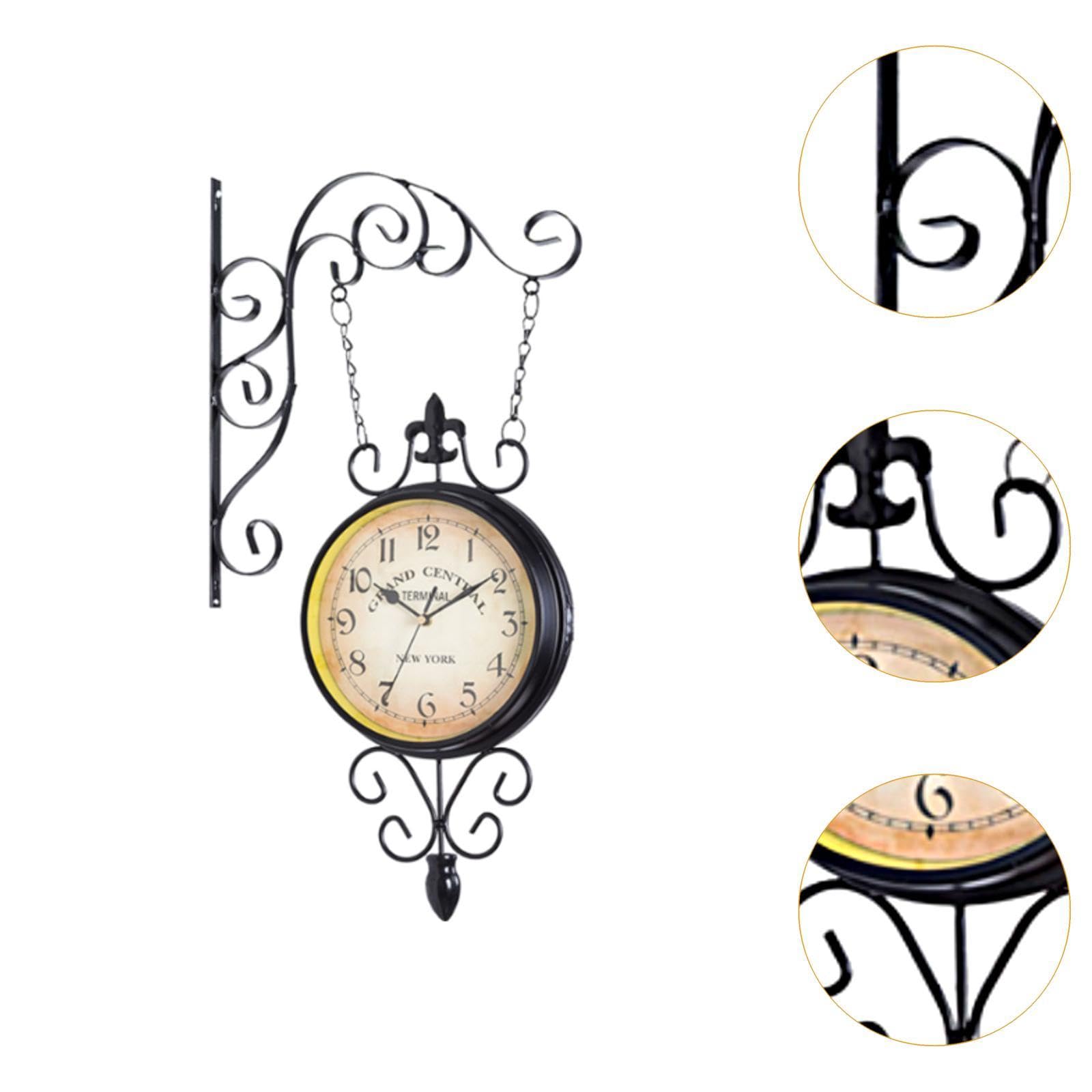 MagiDeal Horloge de Station à Double Face Suspendue au Mur, silencieuse avec Support Mural décoratif, Horloge Murale de Jardin pour la décoration de la Maison,