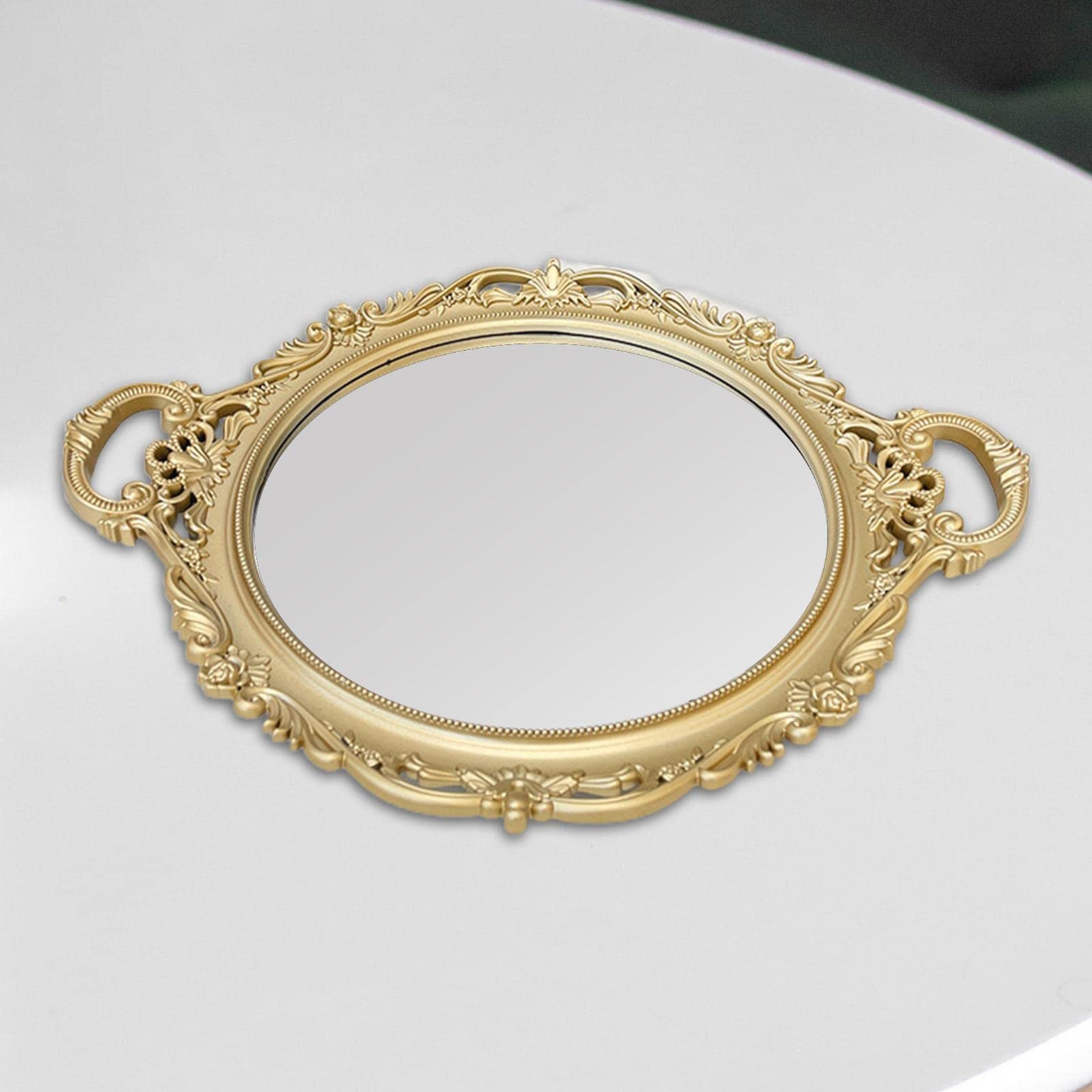 Bandeja Espejo Decorativa con Diseño Retro Bandeja Perfume Bandeja Platos Merienda Bandeja Organizador de Accesorios PP Adecuada para Vestidor Salón O, Dorado, 40cmx23cm