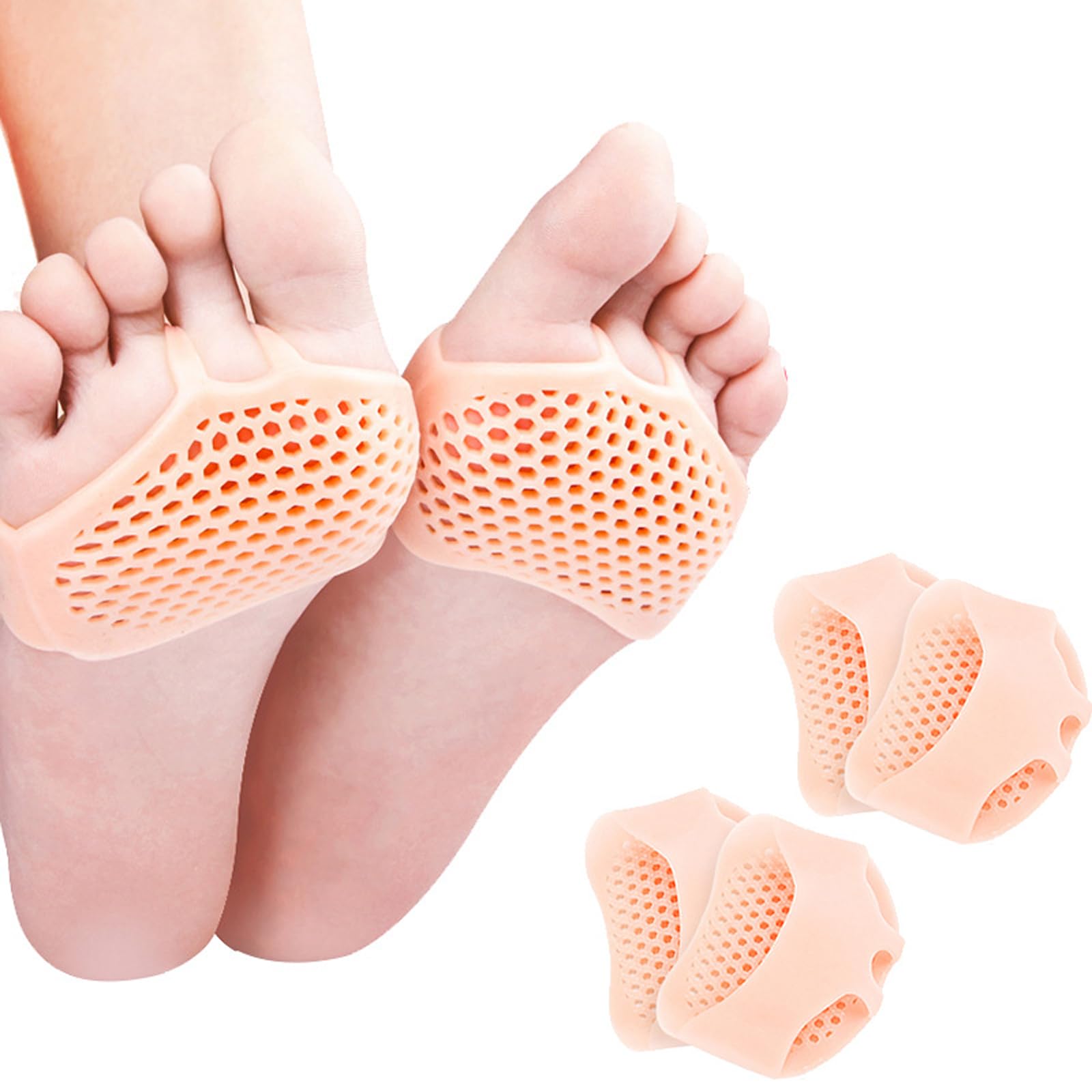2Pairs Silicone Metatarsal Pads, Ball of Foot Cushions for Pain Relief, Gel Breathable Cushions for Forefoot Cushioning, Sole Pads for Women and Men (Complexion, Free Size)