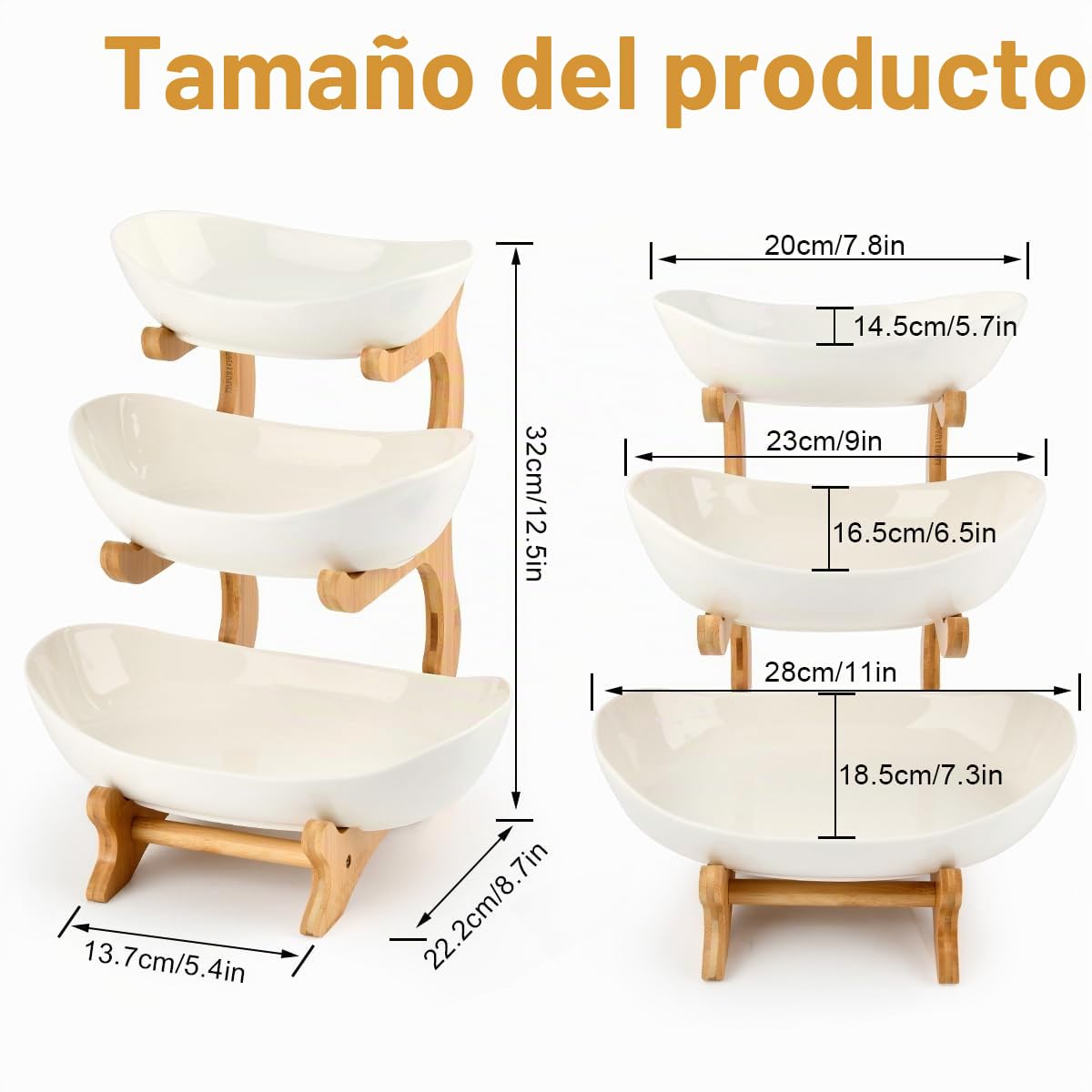 Fruteros de Cocina Modernos Frutero 3 Pisos Blanco, Frutero de Cerámica Cesta de Frutas de 3 Niveles con Pararse Bambú para Decoración de Cocina, Verduras, Frutas, Aperitivo
