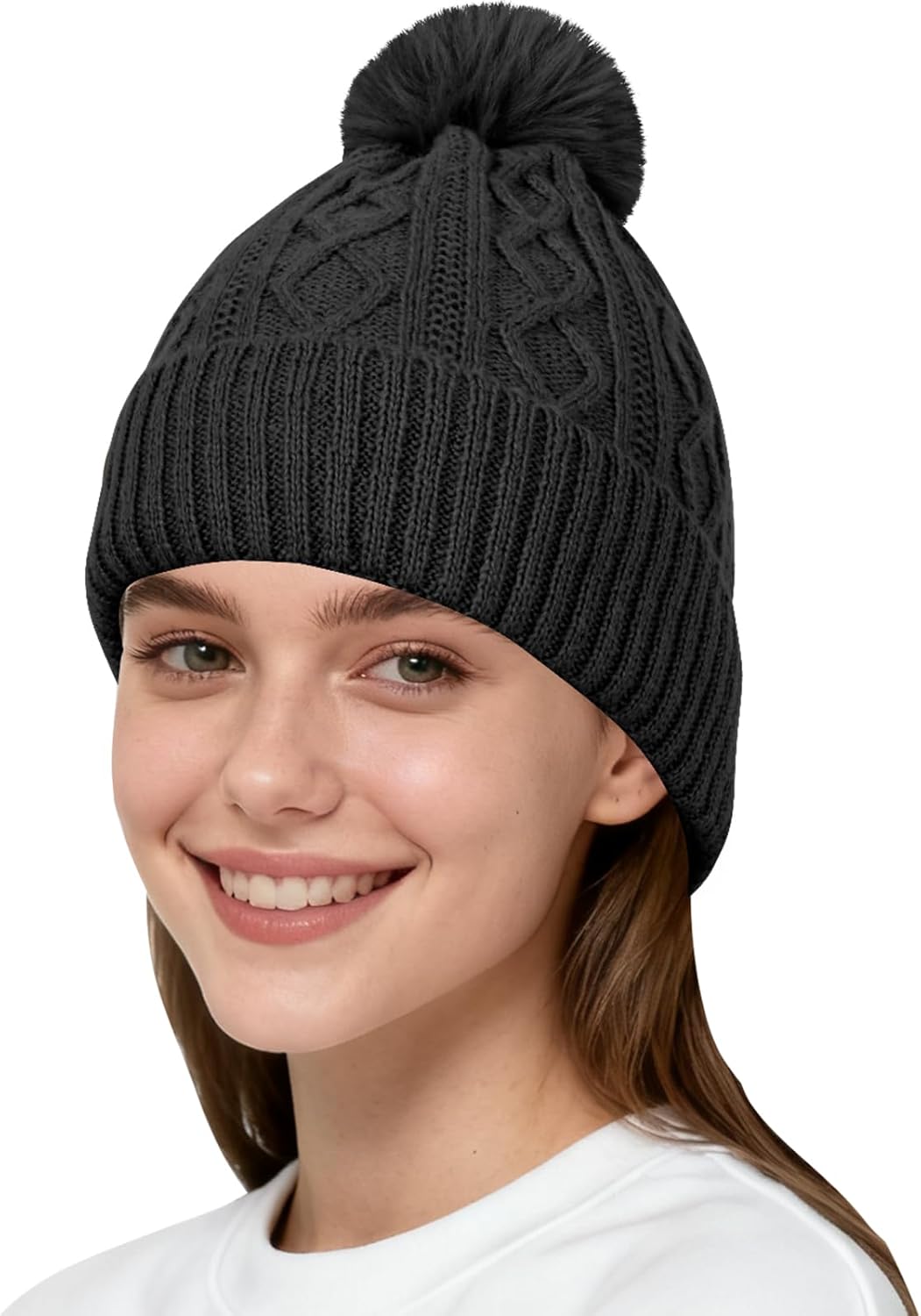 Winter Beanie with Pom Pom Cable Knit Beanie Hats for Women Warm Fleece Lined Knit Skull Cap Snow Hat for Girl