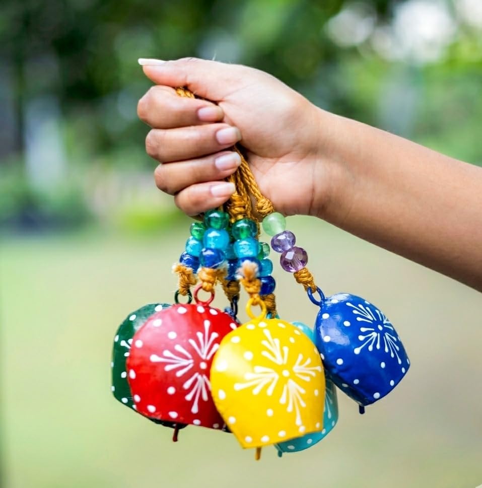 DULI Metal Cowbells Wall Hanging, Feng Shui, Wall Art, Wall Decor, PositiveVibes, Hand Painted Cowbells, Wall Art, Diwali Decor, Home Decor Hanging Bells (Packof5: ColoredCowbell)-image-9