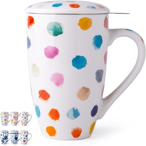 Taza de té con infusor y tapa, taza de té grande de cerámica de hoja suelta de 18 onzas, apta para microondas, taza de té apta para lavavajillas,