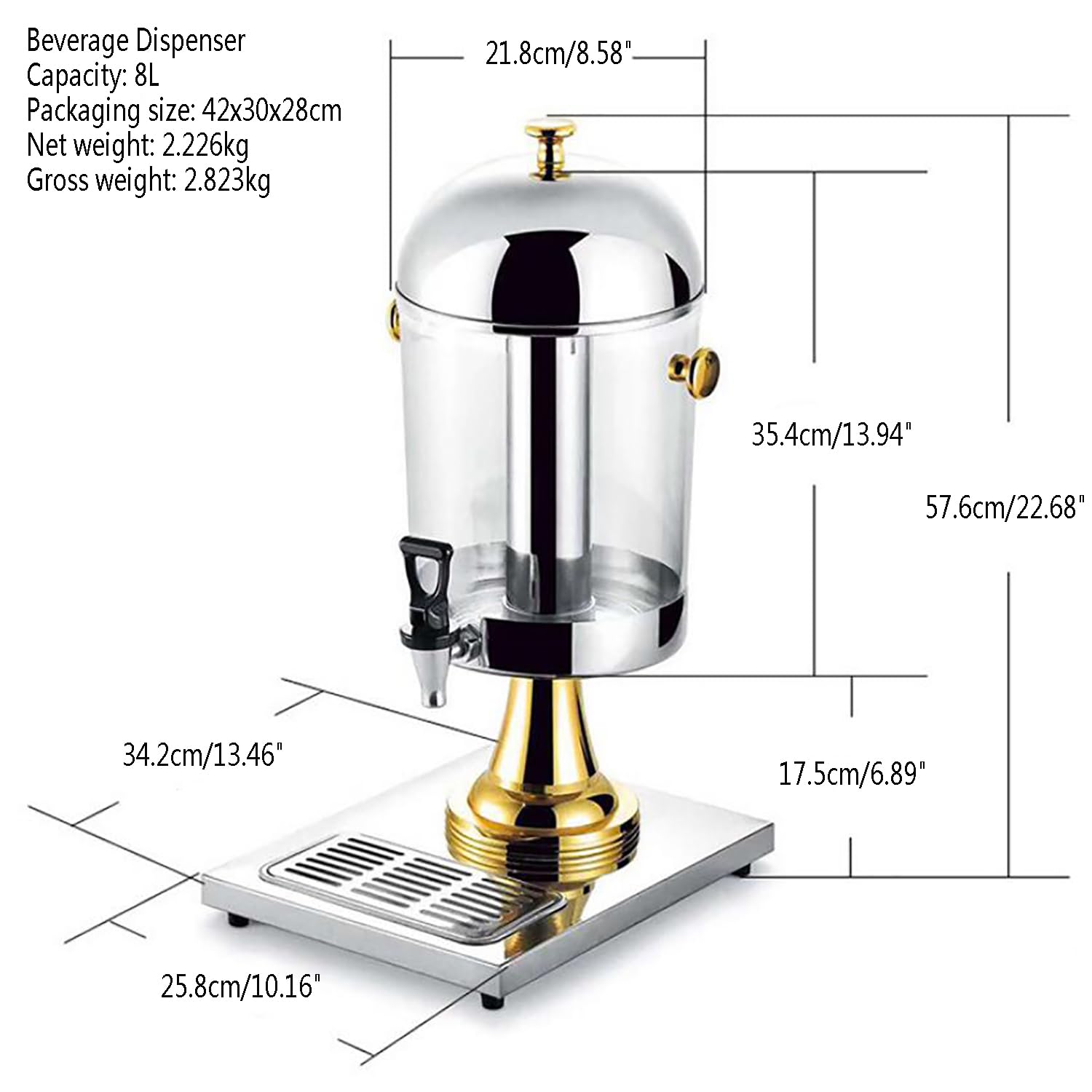 Dispensador de Bebidas con Soporte, Dispensador de Bebidas con Contenedor de Hielo 8L, Dispensador de Limonada de Acero Inoxidable para Fiestas, Buffets, Cafeterías, Bares