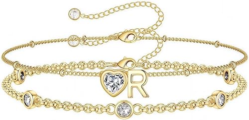 Turandoss Easter Gifts for Kids Teen Girls - 14K Gold Plated Initial Heart Charm Birthstone Bracelets Easter Basket Stuffers for Daughter Toddler Teens Her Mom Girlfriend Wife Jewelry Birthday Gifts