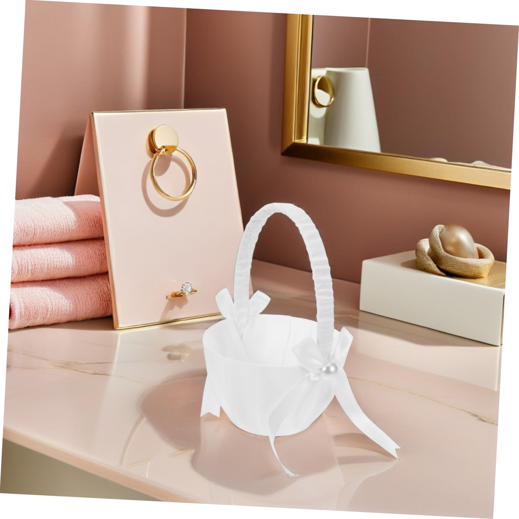 Weißer Blumenmädchenkorb aus Satin mit Perlen, Hochzeit | Schleife, Sicherer Griff, für Blüten oder Sträuße, 4 Stück, Dekorativ für Zeremonien