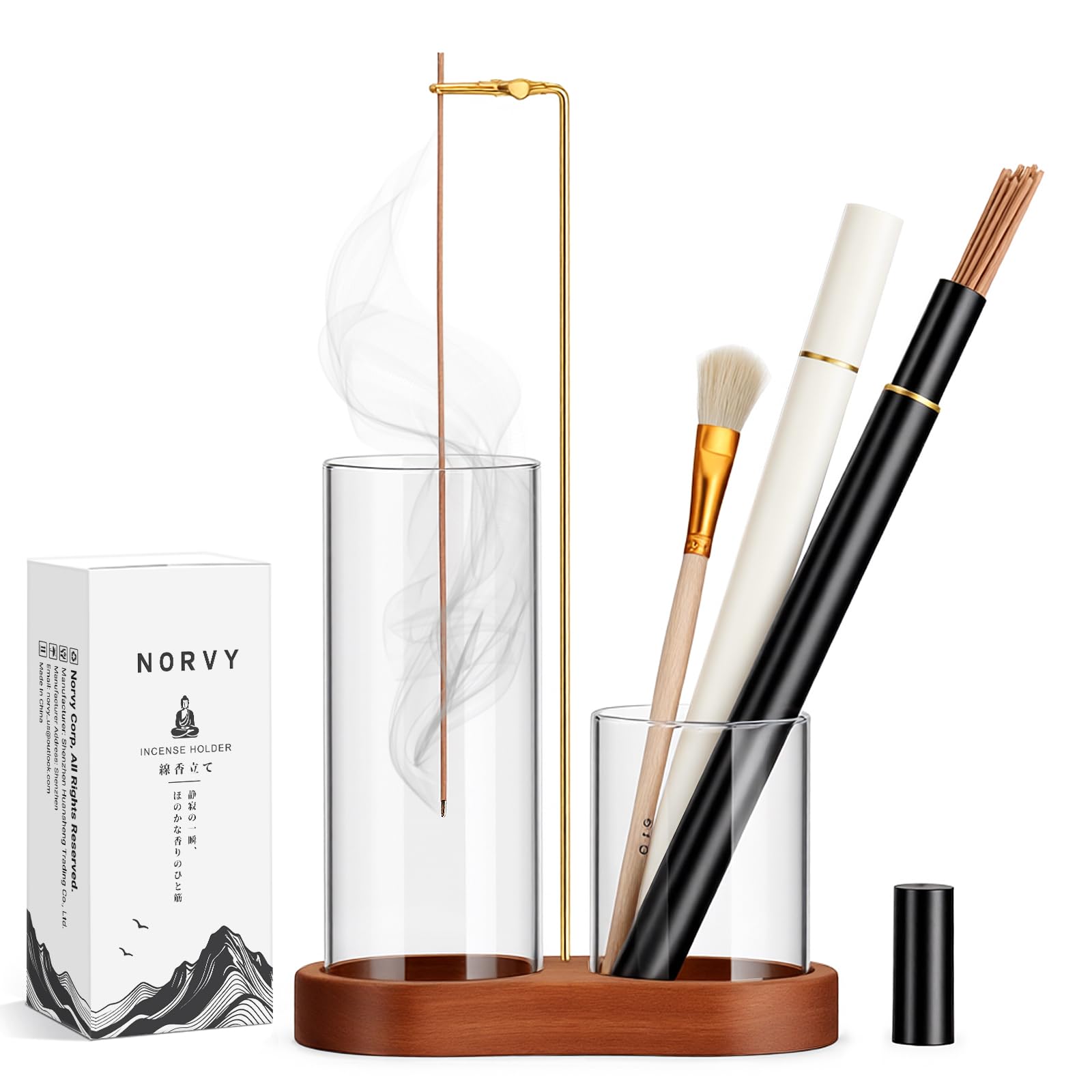 Norvy Incense Holder with Storage Hanging Wood Incense Burner - Holds Glass Ashes Cup for Meditation, Yoga, Entryway, Ashes Cleaning Brush and 2 Storage Tubes Included [Parallel Import] : Home & Kitch