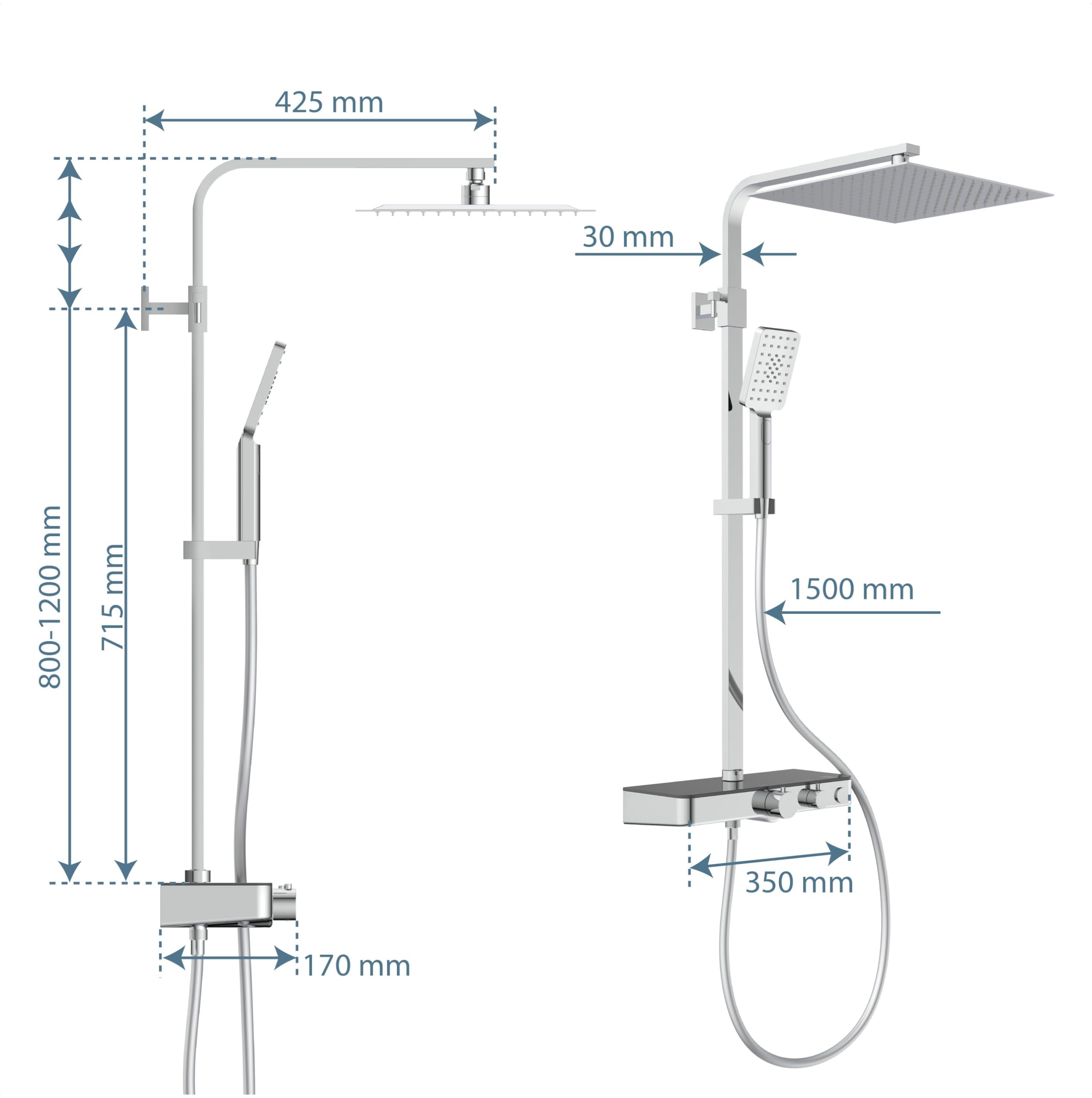 SCHÜTTE OCEAN 60531 system prysznicowy z termostatem i szklaną półką, 30 x 30 cm, deszczownica z uchwytem ściennym i panelem prysznicowym, kolumna prysznicowa w kolorze chromowym/antracytowym