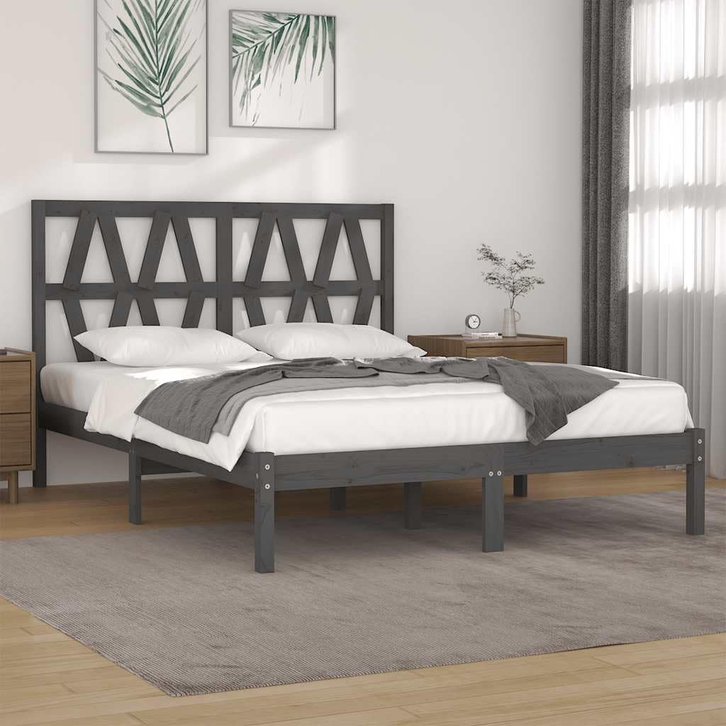 lite drewno sosnowe klasyczna rama lozka szary 200 x 200 cm | Rama łóżka 200x200 cm szara lite drewno sosnowe stabilna podstawa z zagłówkiem do sypialni