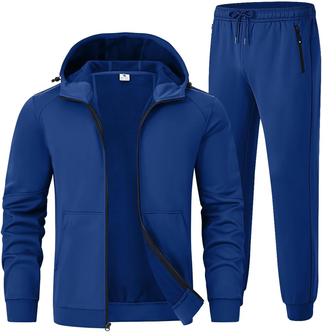 Rdruko Men's Fleece Sweat Track Suit Hooded Winter Warm Up Jogger Workout Athletic Tracksuits Sweatsuits 2 Piece Set
