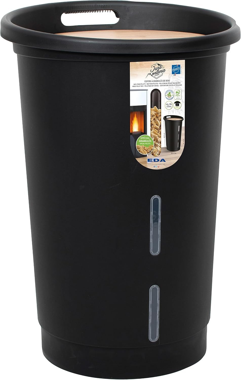 EDA - Baule per pellet Jura Montania con ruote 38 L - per 25 kg di pellets - nero, 010478 NO, Ø 39,7 x 60,5 cm