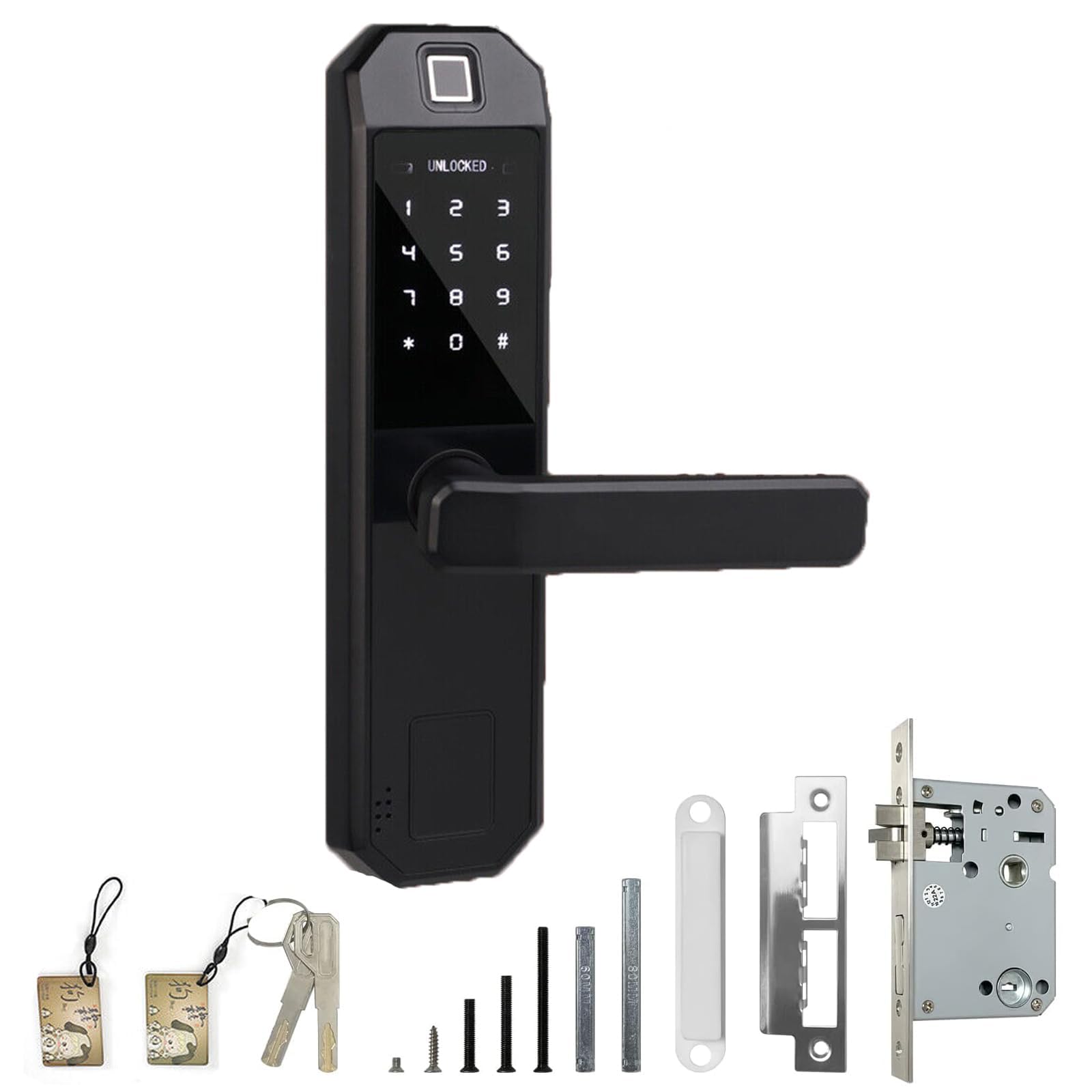 Serrure de porte électronique intelligente SanBouSi à empreinte digitale avec serrure à encastrer, empreinte digitale, 2 clés, 2 cartes IC, épaisseur de porte 35-50 mm