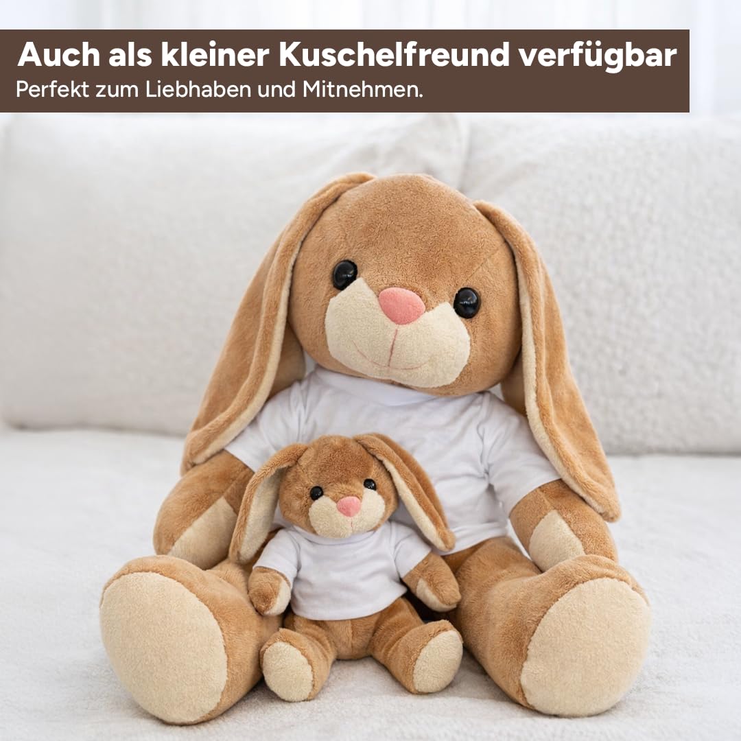 Kuscheltier XXL Hase personalisiert – Flauschiges Plüschtier mit weißem T-Shirt zum Bedrucken – Weicher Teddybär für Babys & Kinder – Geschenk zur Geburt & Geburtstag, extra groß, Sitzhöhe 40cm