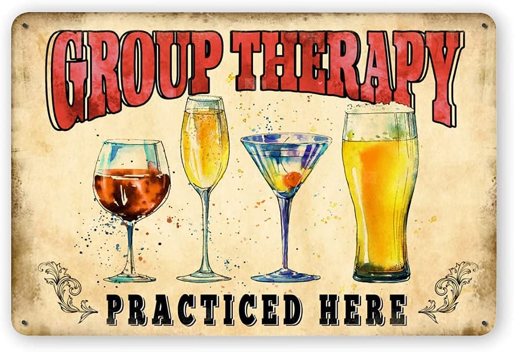 Haosensix Alcohol Metal Tin Sign Group Therapy Practiced Here Retro Poster for Wall Decor Bar Cafe Poster Painting 12x16 Inch