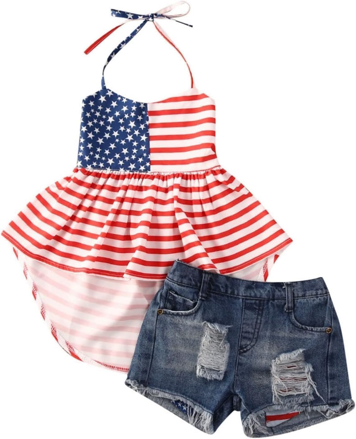 BOEBNOZCVToddler Baby Girl Fourth of July Outfits Halter Star Top + Ripped Hole Denim Shorts Kids 4th of July Clothes Set