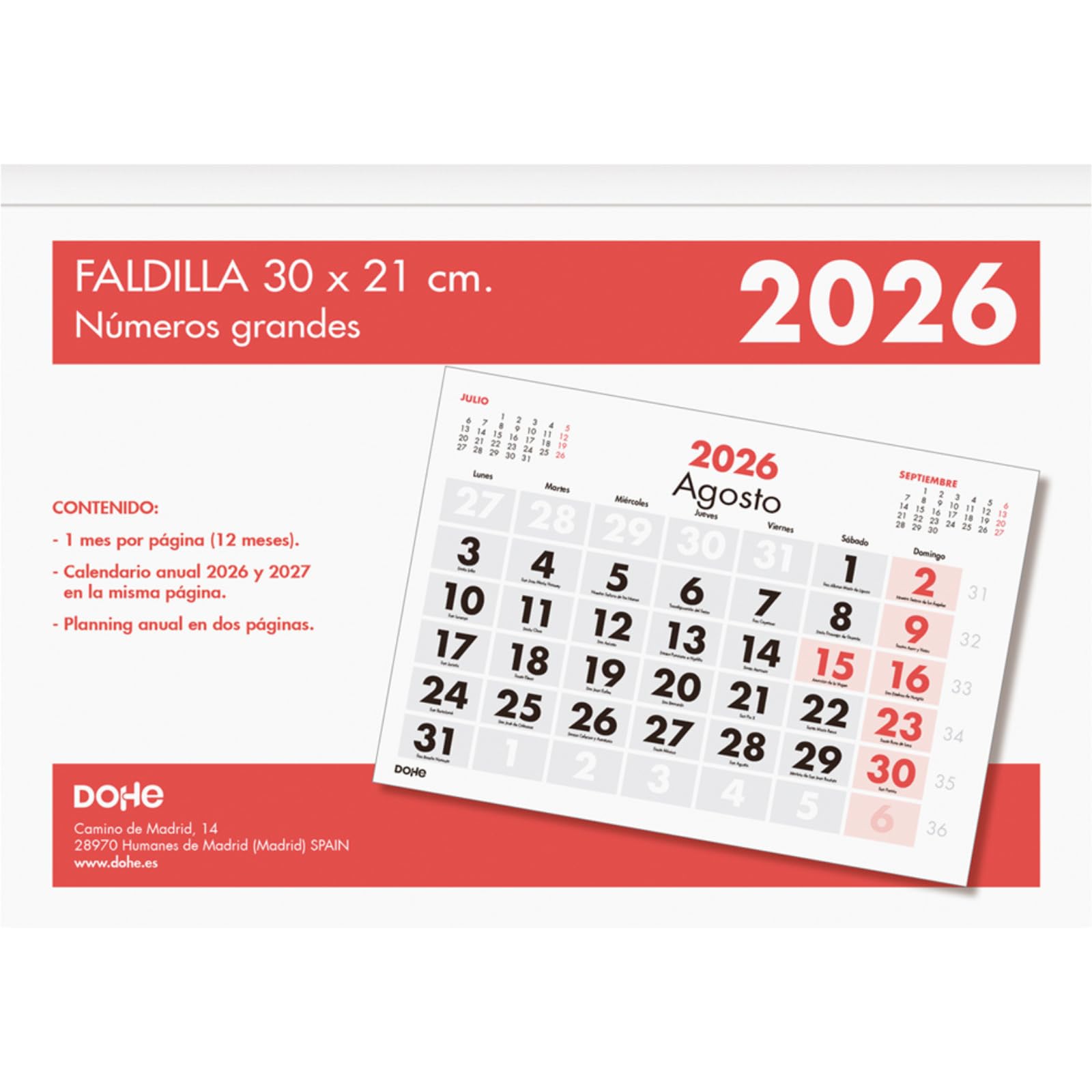 Dohe - 2026 Desk Calendar - A5 (21x15 cm), Month View, 12 Months January to December, Spanish Language, Microperforated Pages for Easy Removal, Large Numbers, Annual Planning