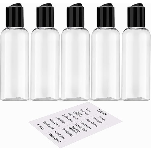 5 Pack 3.4 oz Travel Bottles for Toiletries TSA Approved Leakproof Plastic Empty Travel Size Bottles Containers with Labels