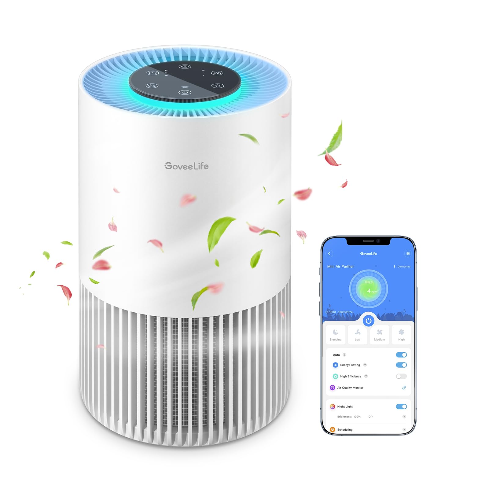 goveelife smart air purifiers for bedroom portable filter cleaner with wifi alexa control for pet hair odors pollen smoke 24db quiet air purifier with 3 speeds timer aromatherapy for desktop