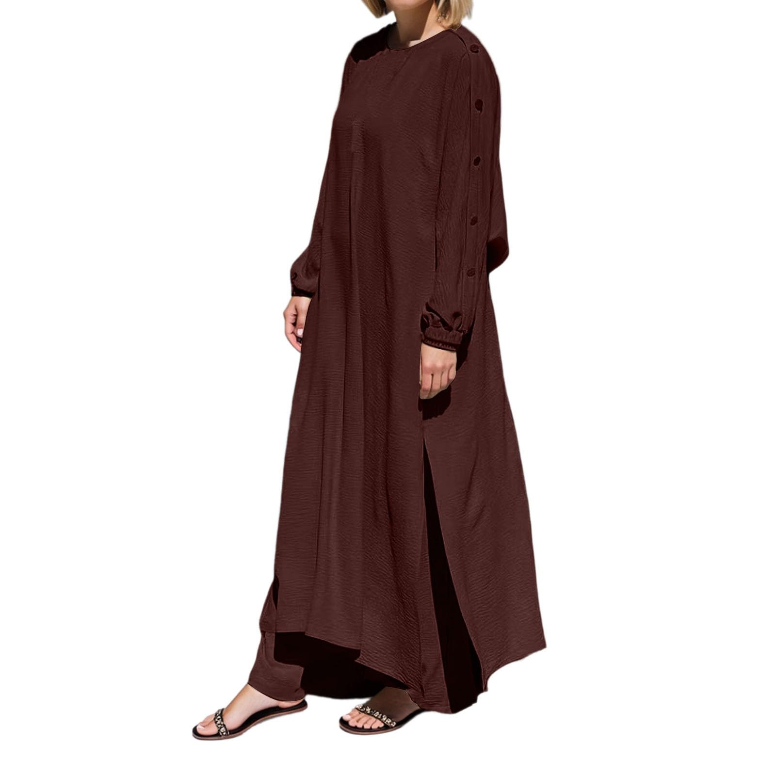 Traje de Pantalones Holgados para Mujer con Cuello Redondo y Mangas Elegantes con Detalles Dorados para Uso Diario Cómodo