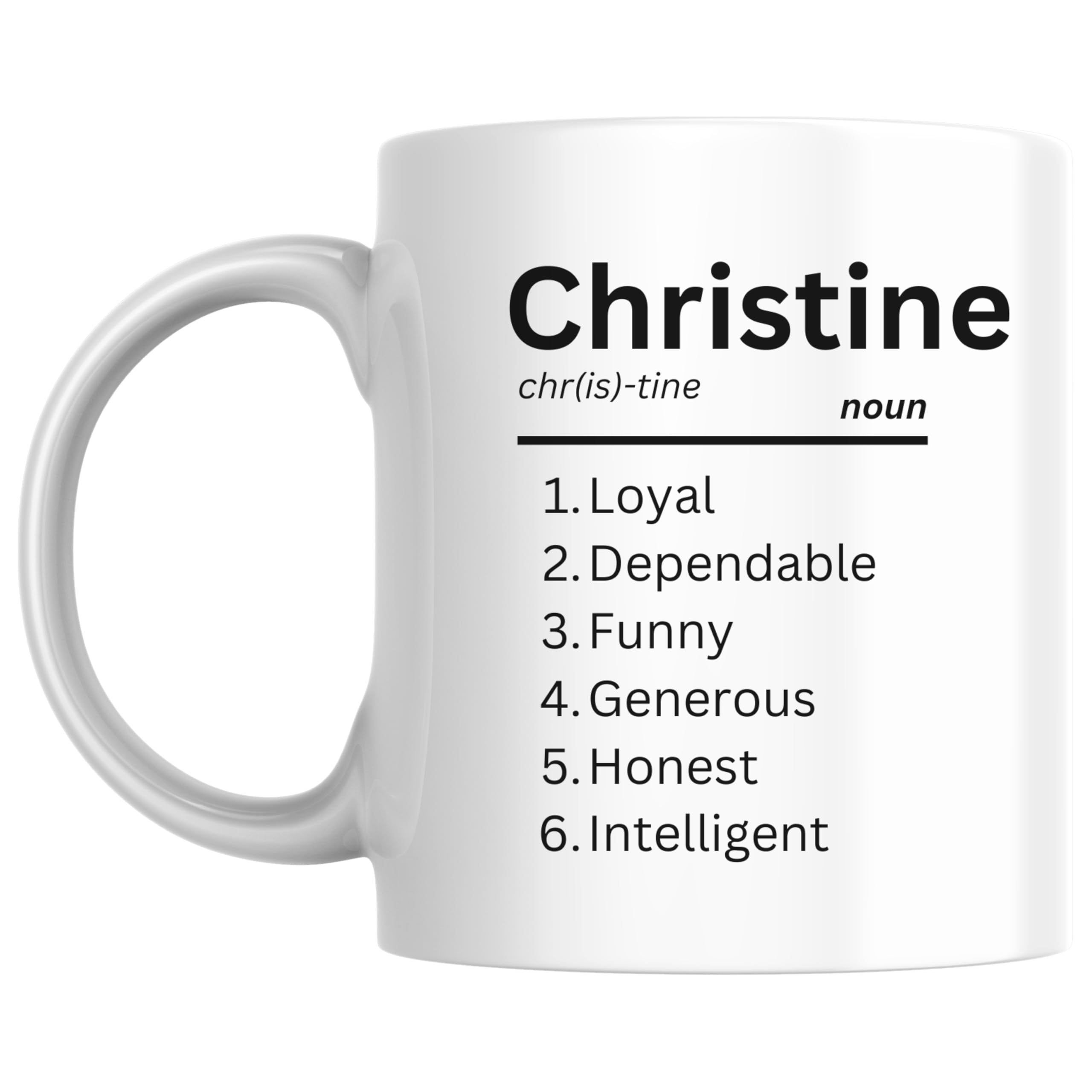 Designs of note! Christine Definition Mug | Funny Personalised Name Meaning Coffee Cup for Her | Novelty Gift for Women or Girls Called Christine (Black)