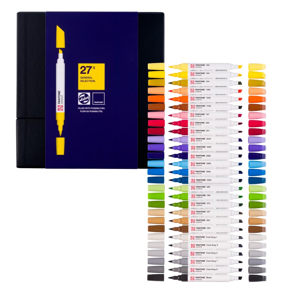 Talens | Pantone Marker 27er Set | Dual-Tip-Stift mit Pinselspitze und Keilspitze | Wasserbasierte, pigmentierte Tinte in Pantone-Farben