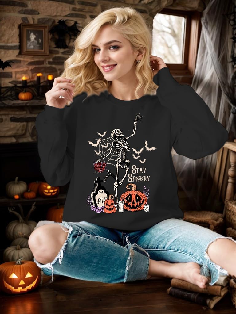 Halloween Sweatshirt for Women Oversized Dancing Skeleton Shirt Spooky Skull Graphic Pullover Pumpkin Gift Top - Image 3