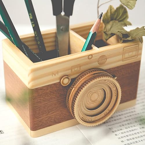 Miniatura 8 de Leadigol Portalápices de madera para cámara, soporte para lápices de escritorio, organizador de maquillaje, manualidades de doble capa, accesorios