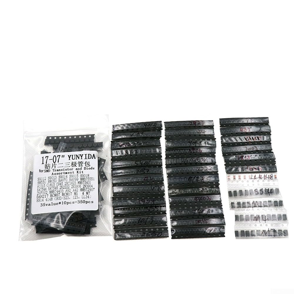 Kit di 350 transistor e diodi per SMD con 35 valori assortiti per l'uso in vari sistemi elettronici e riparazioni
