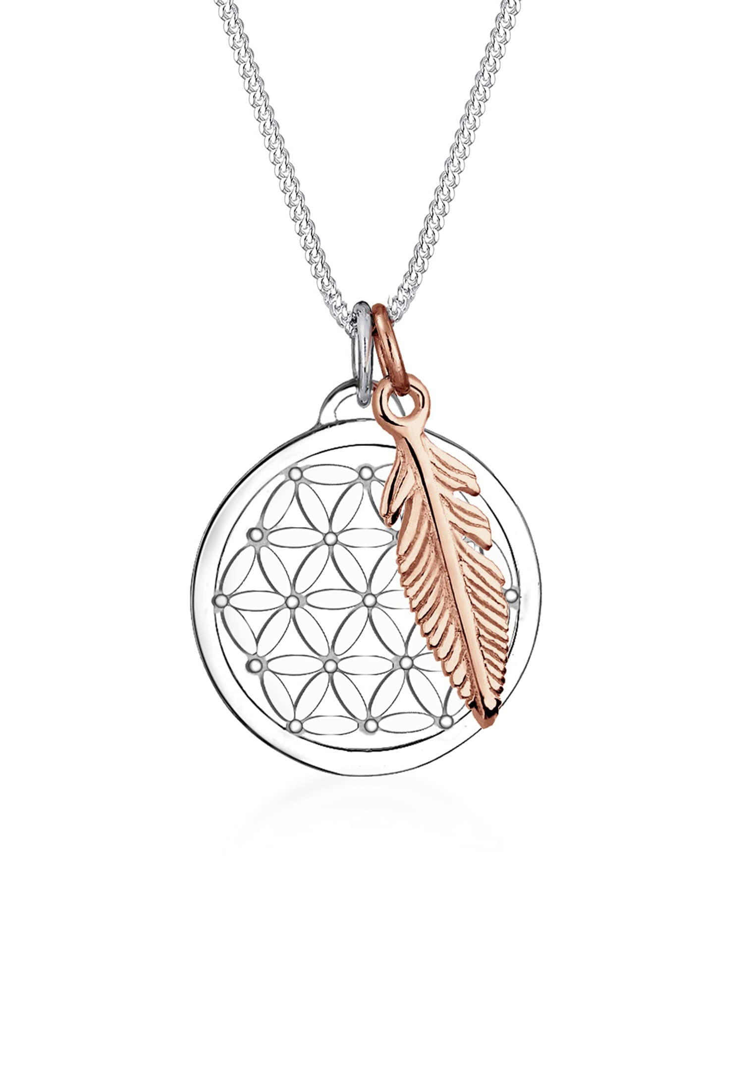 Elli Women Gold Plated 925 Sterling Silver Feather Flower of Life Necklace of Length 45cm