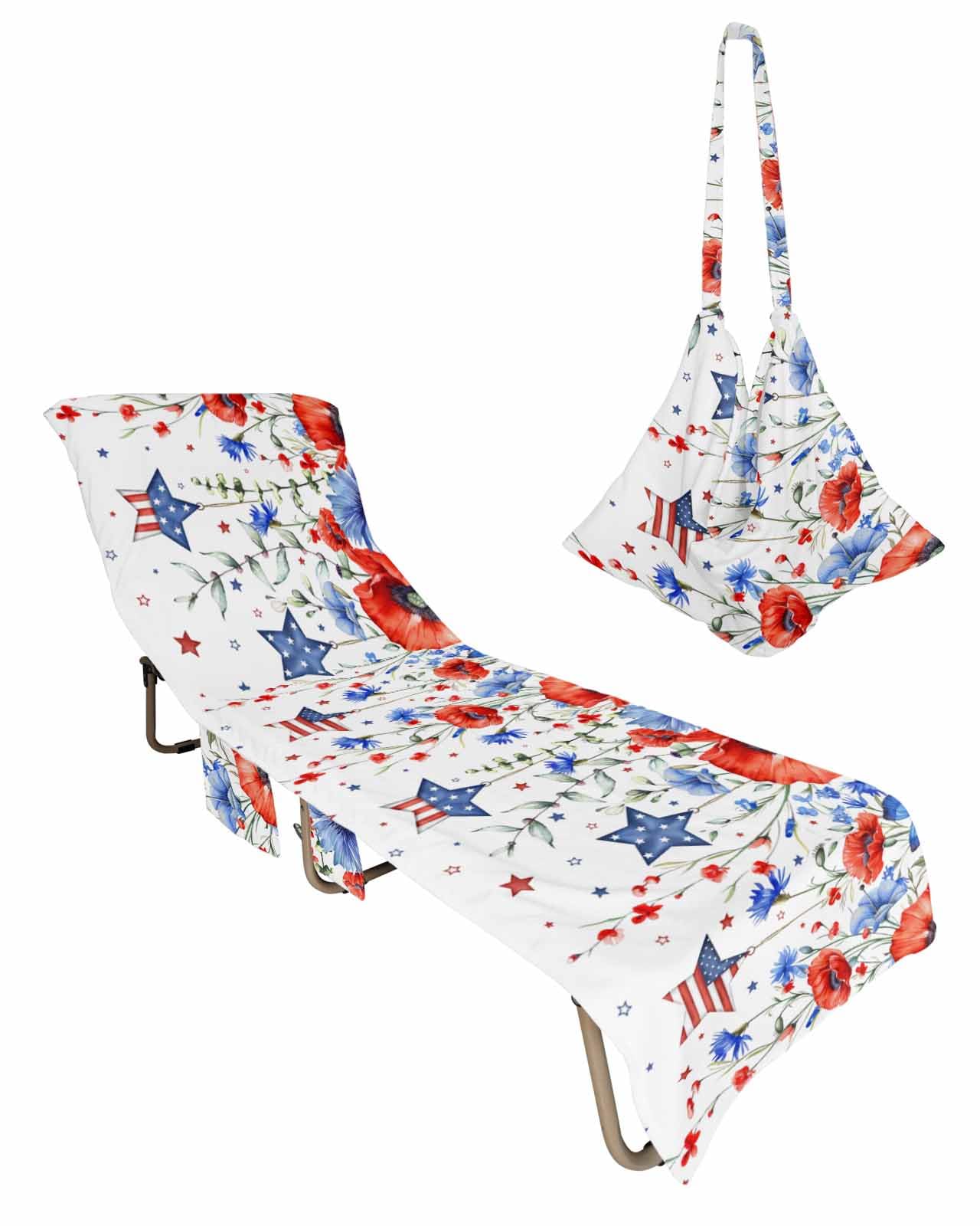 4th of July Beach Lounge Chair Towel Cover, Soft Chaise Lounge Towel with Side Pockets Patio Pool Chairs Cover for Beach/Pool Sunbathing 29x85 Blue Red Floral Star Independence Day