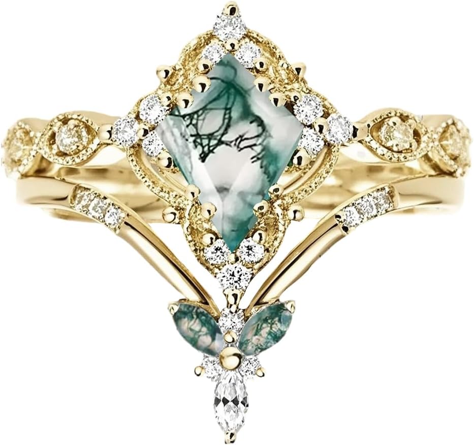 Midari Moss Agate Ring Set for Women 925 Sterling Silver Gold Engagement Rings Kite/Round/Hexagon/Pear/Oval Cut Moss Jewelry with Moissanite Customizable Bridal Wedding Ring Set Gift for Wife