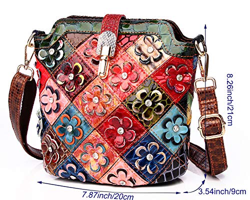 Image of Women 3D Floral Multicolor Small Crossbody Bag Genuine Leather Handbag Snake Pattern Colorful Spliced Shoulder Purse