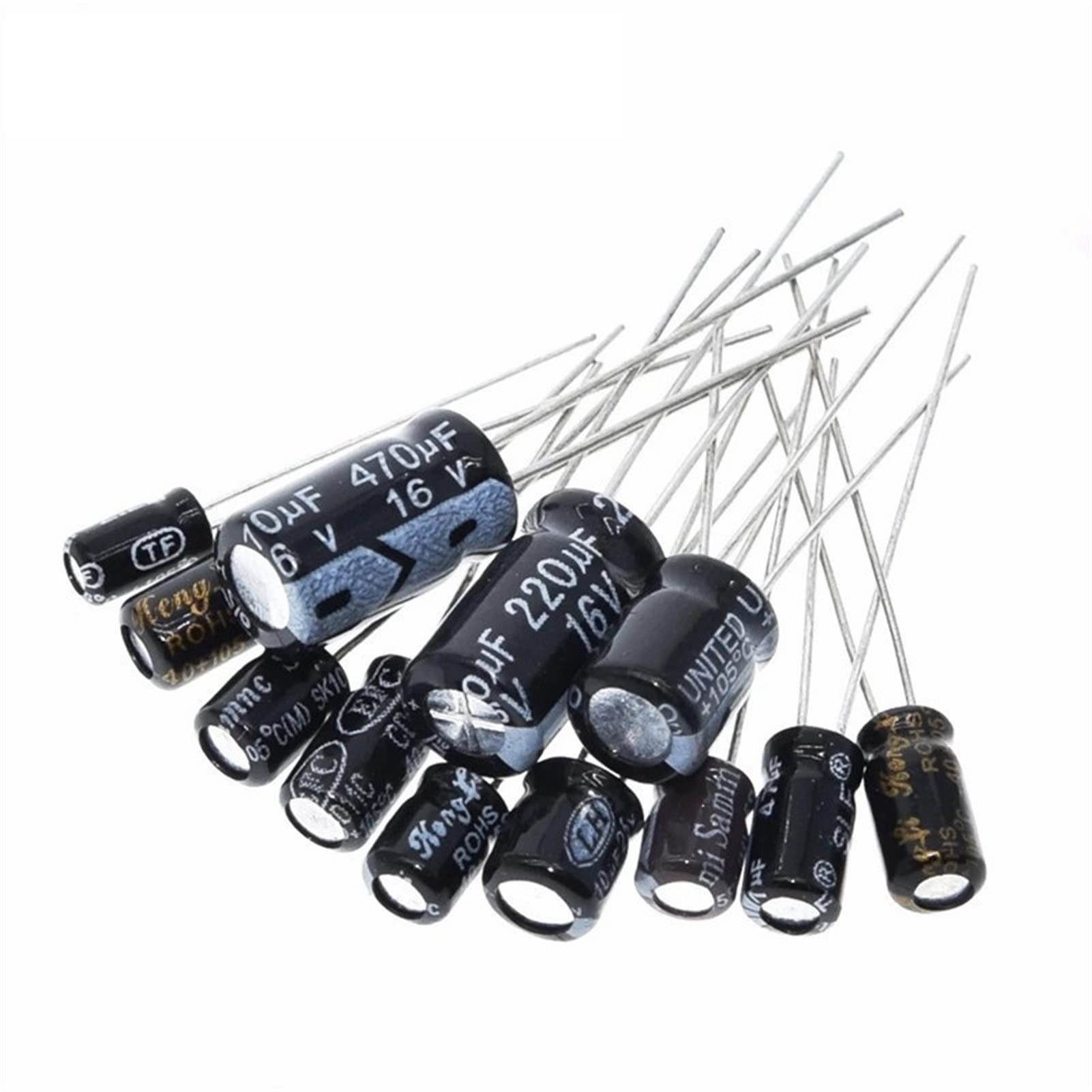 Accesorios electrónicos Condensadores 120pcs 12 Value kit 1uF-470uF Paquete de condensadores electrolíticos 1UF 2.2UF 3.3UF 4.7UF 10UF 22UF 33UF 47UF 100UF 220UF Dispositivos electrónicos