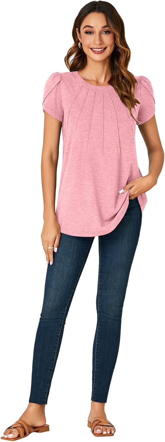 Rooscier Women's Petal Short Sleeve Crewneck Loose Dressy Summer Casual Tunic Top Blouse - Image 6