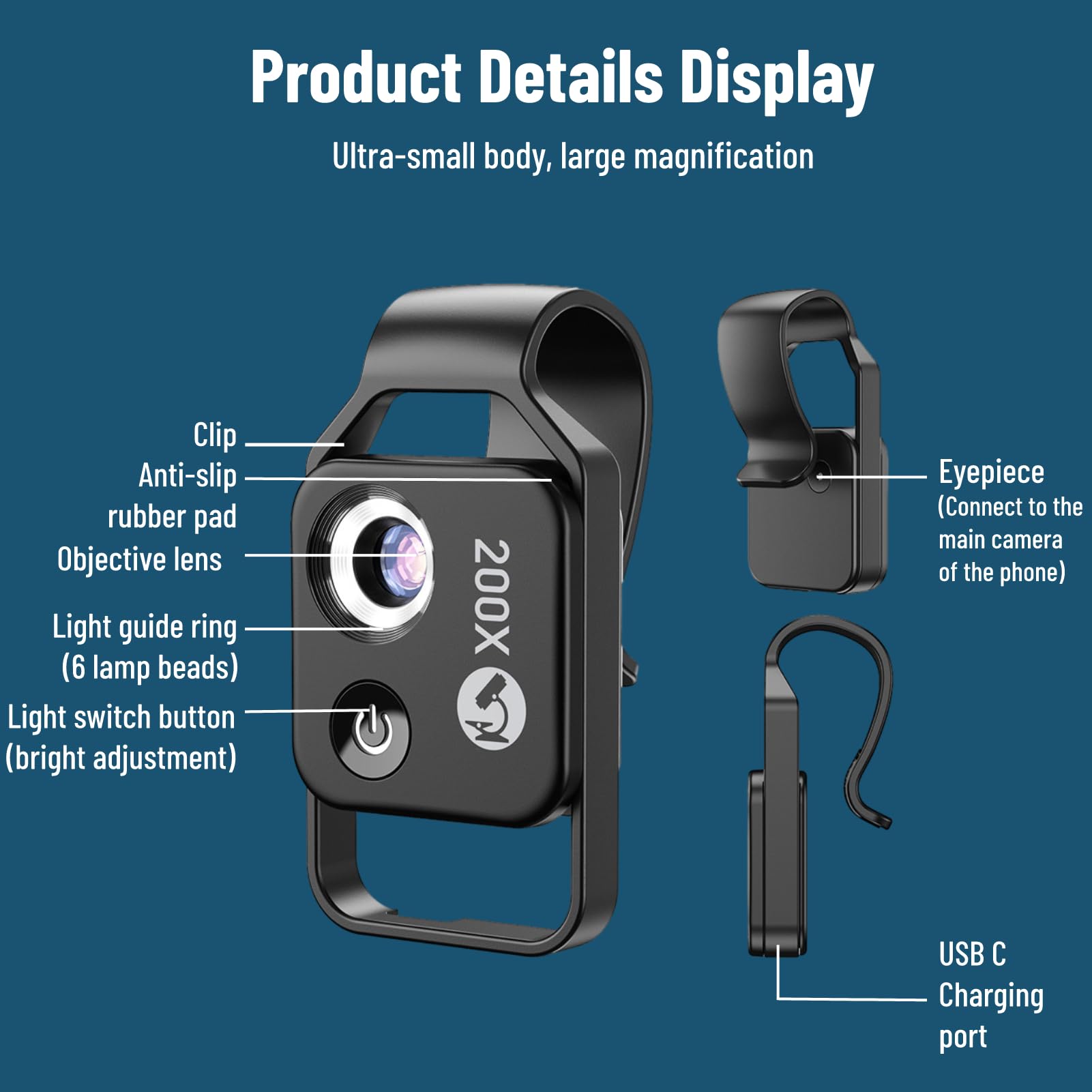 Diyeeni Microscopio per Telefono da Tasca, Zoom Clip 200X Lente di Lente di Lente Microscopio CPL con Luce LED, Lente Microscopica Portatile per iPhone per Samsung per Huawei per Google(nero)