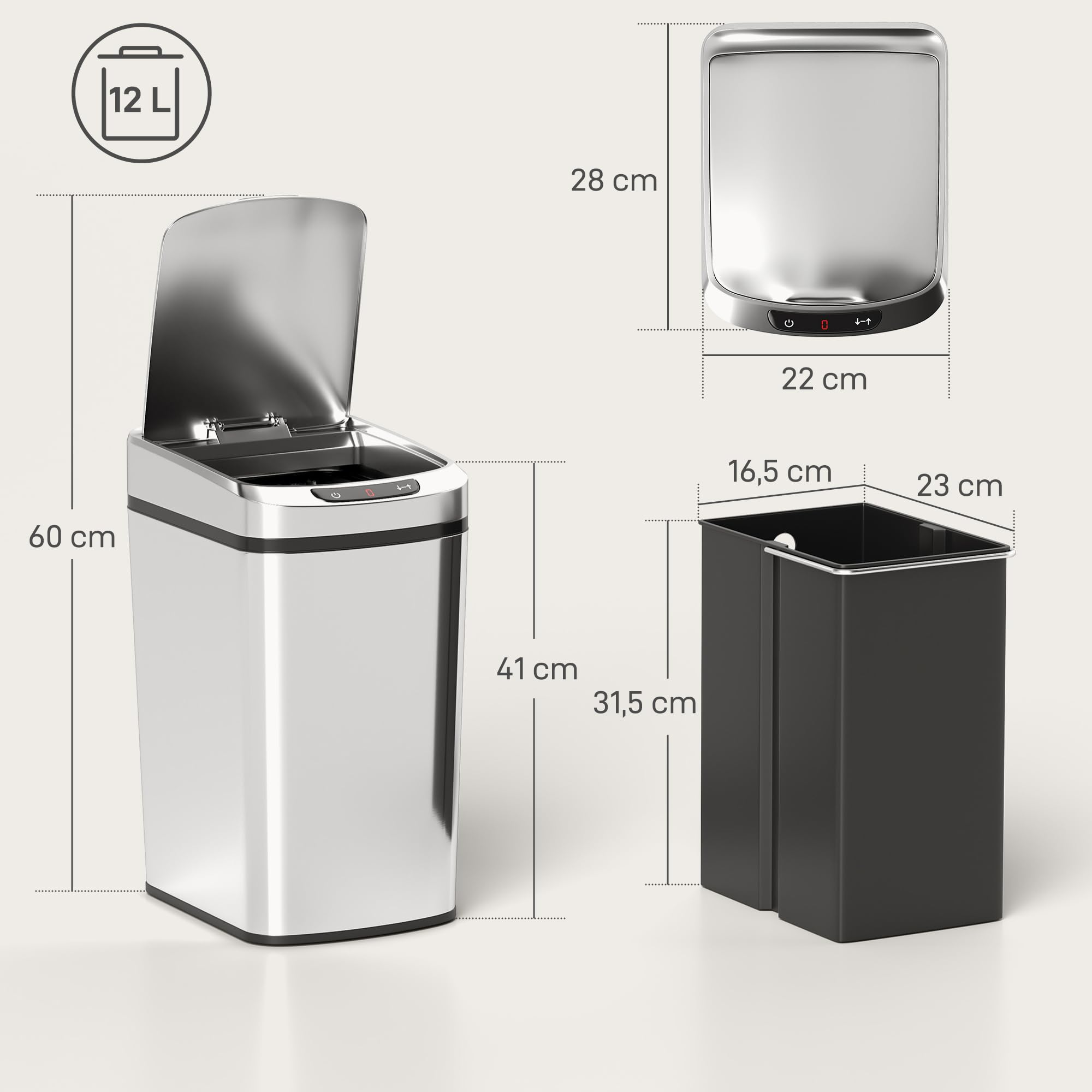 HOMCOM Poubelle de cuisine automatique 12 L en acier inoxydable, poubelle à capteur de mouvement sans contact avec couvercle, anti-traces de doigts, pour maison, salon, bureau, argent