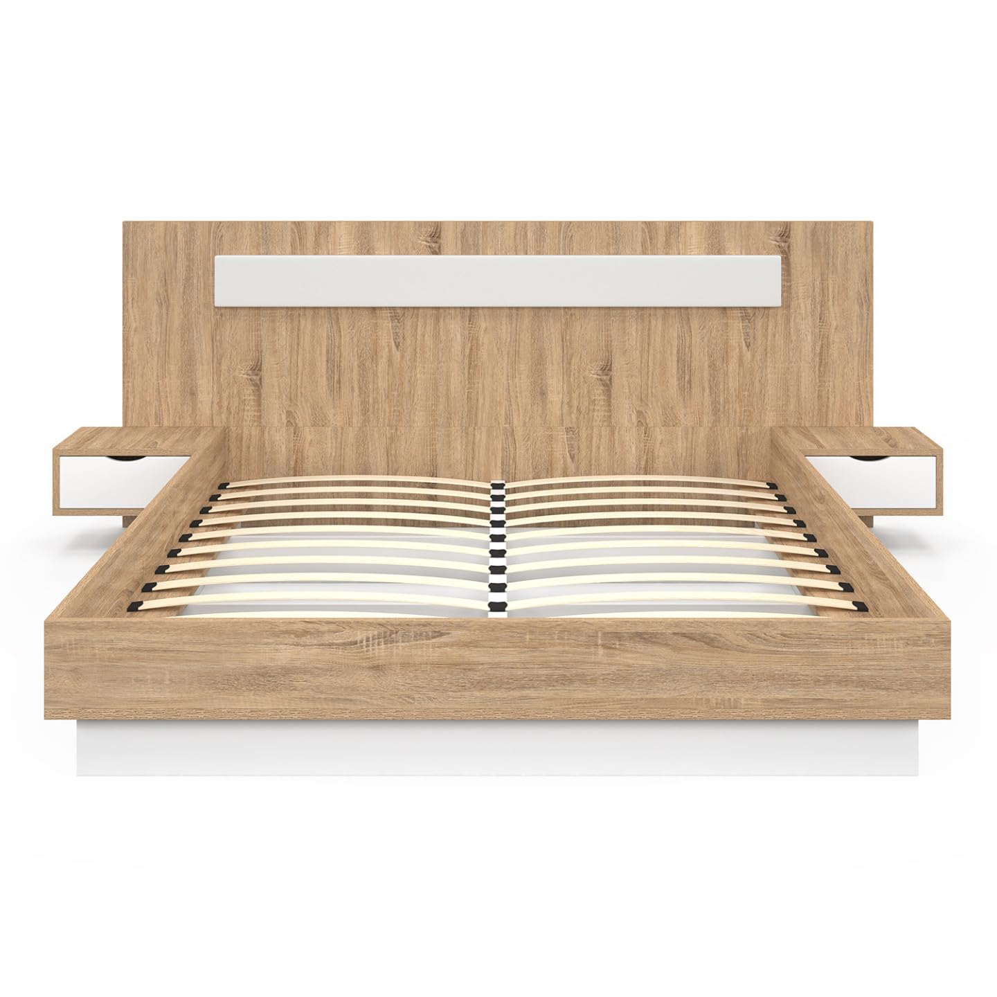 IDMarket - Lit Double Santa avec tête de lit + Tables de Chevet intégrées et sommier 160 x 200 cm Bois et Blanc