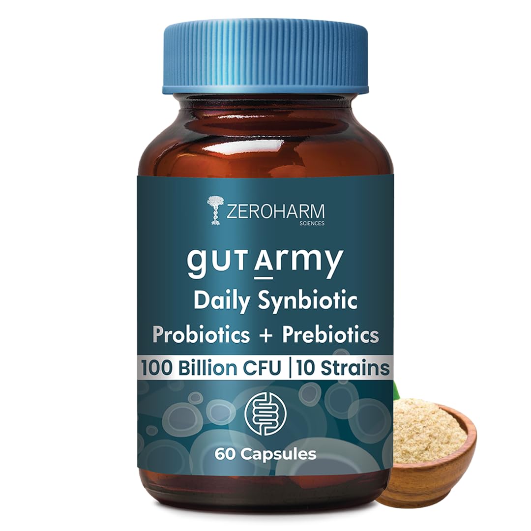ZEROHARM Gut Army Prebiotics & Probiotics Capsules | 10 Unique Strains 100 Billion CFU with Inulin | Pre & Probiotics Supplement for Gut Health, Digestion, Colon Cleanse & Skin Care | 60 Capsules