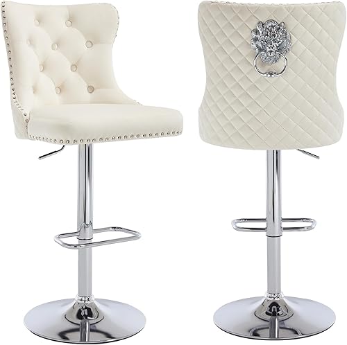 Miniatura 59 de Juego de 4 taburetes de bar giratorios ajustables de terciopelo con respaldo copetudo, ribete de cabezas de clavos y anillo de tracción, sillas de