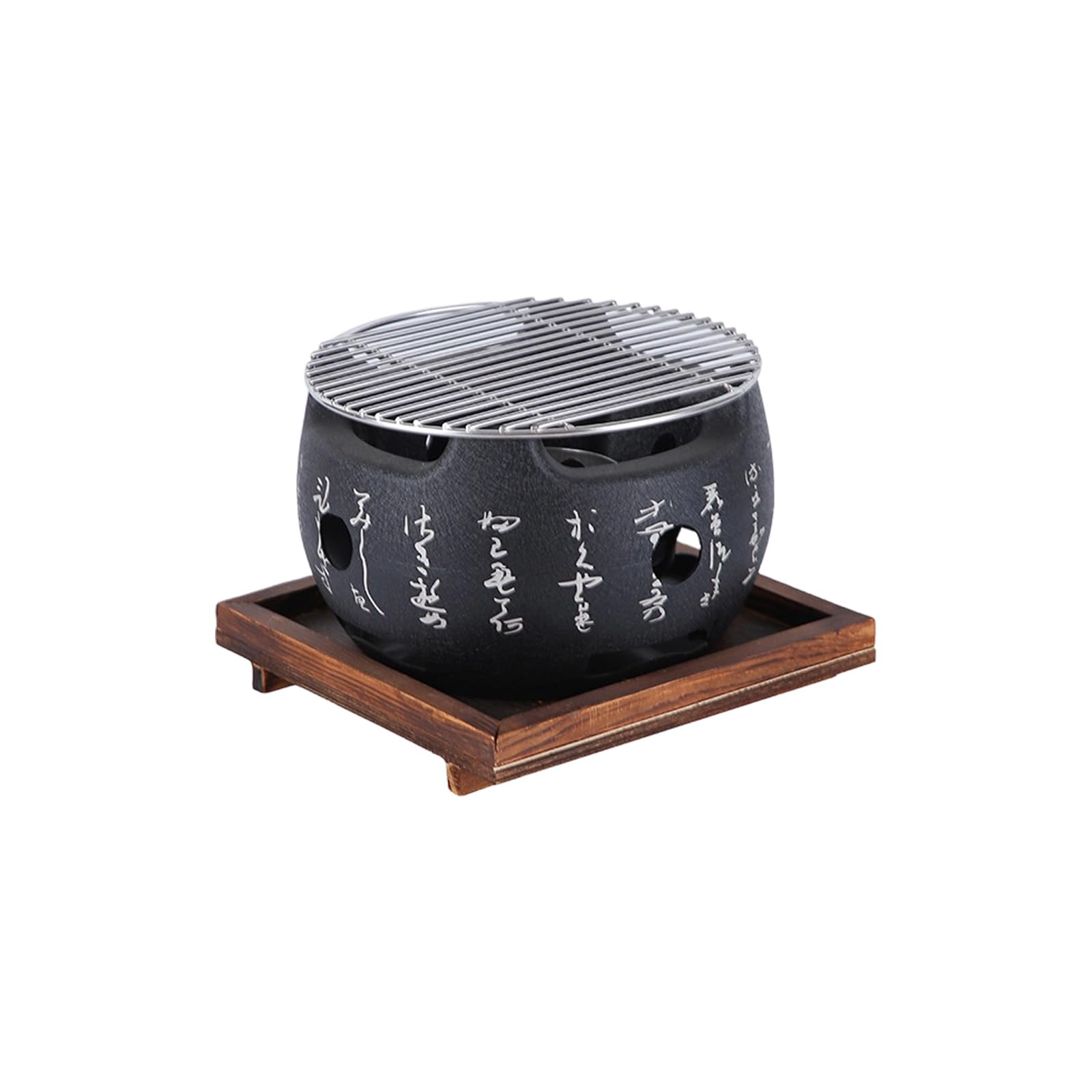 hogtnd Japanese Style Engraved Aluminium BBQ Grills with Stainless Steel Grill Grids and Heat-resistant Wooden Base Simple Barbecue Equipment