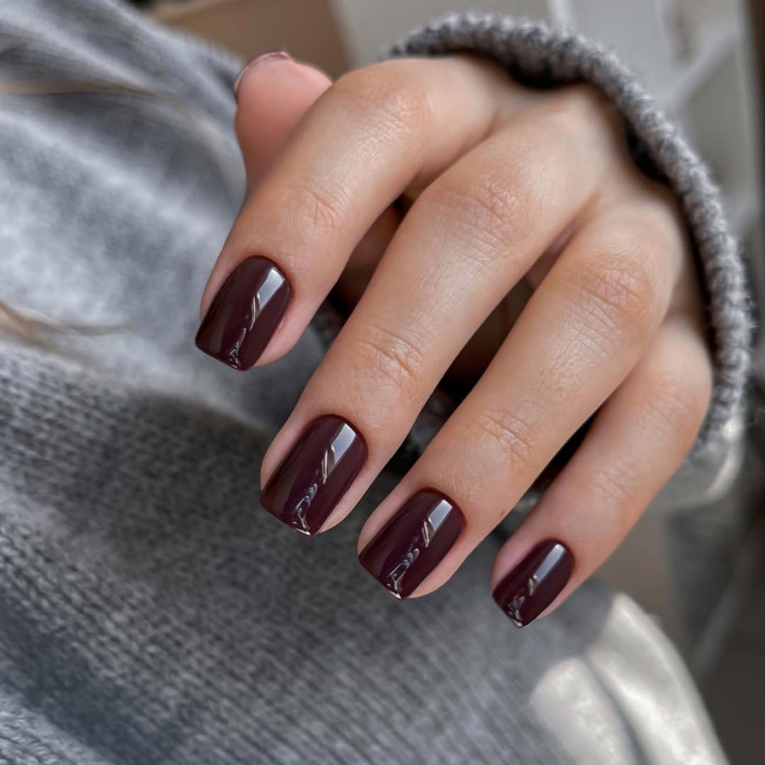 SXVME Dark Brown Press on Nails Short Square Acrylic Short False Nails Coffin Natural Acrylic Fake Nails Set Coffee Solid Color Full Cover Glossy Gel Stick on Nail for Women Fall Winter 24 Pcs - Image 2