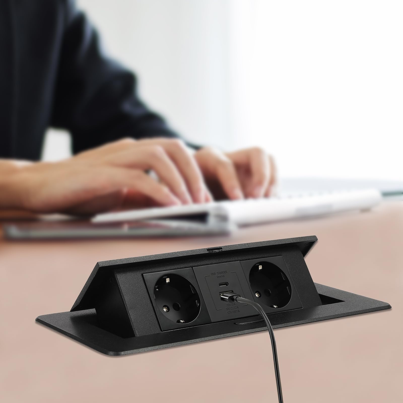 Prise encastrable escamotable pour bureau - 250 V - USB type C - Charge rapide - Pop Up - Prise de table - Peu encombrante - Pour plan de travail et bureau - Noir