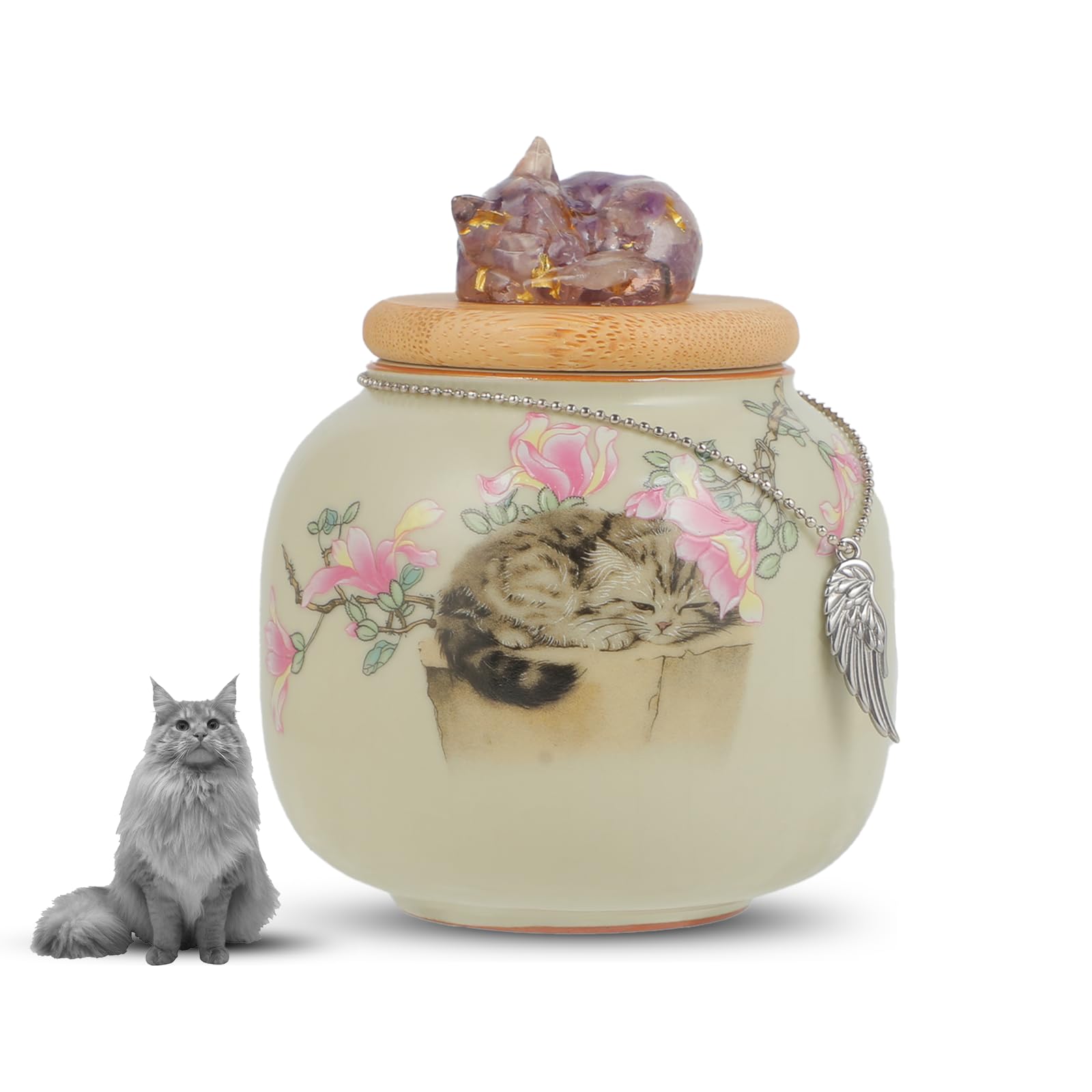 XLMJDZQ Cat Urn for Ashes with Memorial Crystal Sculpture,Holds Ashes of Beloved Cats,Ceramic Urn for Cat,Pet Memorial