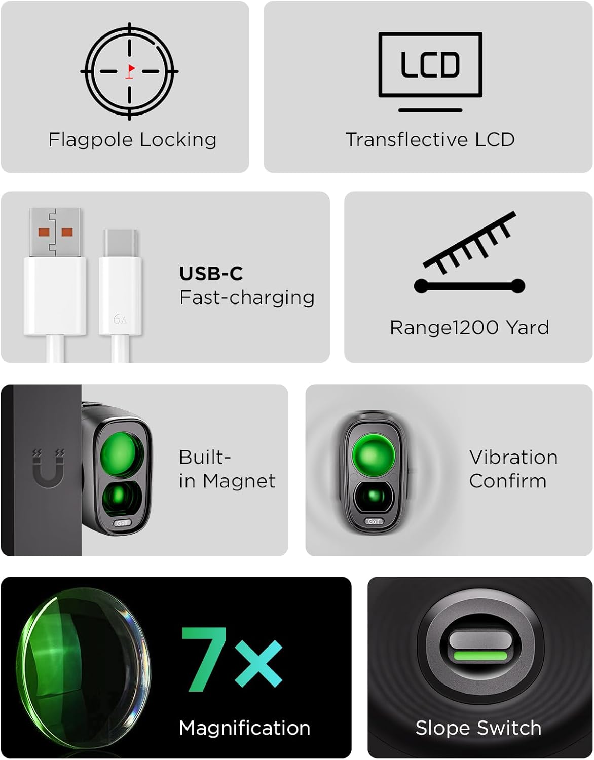Golf Rangefinder with Slope, 1200Y Laser Range Finder for Golf, 7X Magnification, Flag Lock with Vibration, Magnetic Cart Mount, Ultra-Clear Display, USB-C Rechargeable, Waterproof