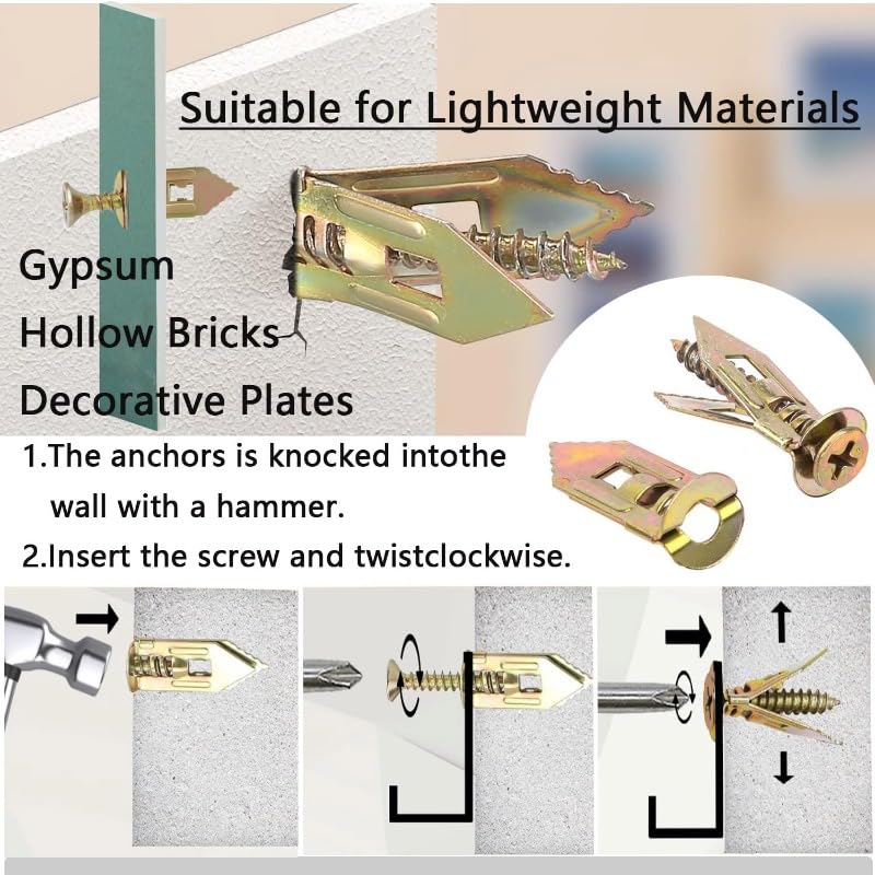 56pcs Self-Drilling Drywall Anchors and Screws Kit, No Drill Metal Wall Anchors for Plasterboard & Gypsum, Heavy Duty Steel Expansion Bolts with Zinc Screws for Hanging Decor & Shelves - 56 Sets