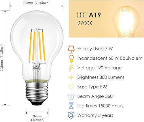 Miniatura 10 de LVWIT Bombilla LED A19 de filamento LED vintage E26, base regulable 7 W (equivalente a 60 W), blanco cálido 2700 K, 800 lúmenes, omnidireccional,