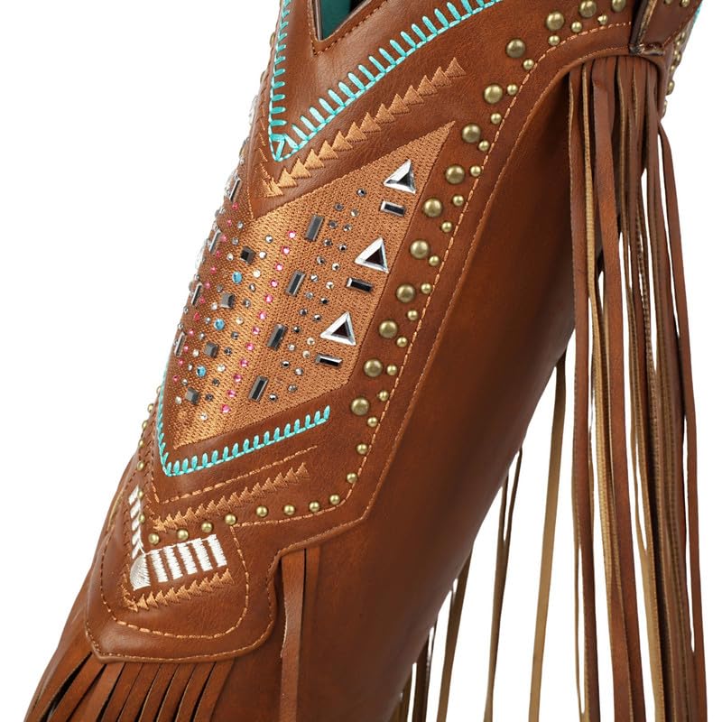 Stivali da cowboy da donna con ricamo, frange e borchie a blocco, stile vintage