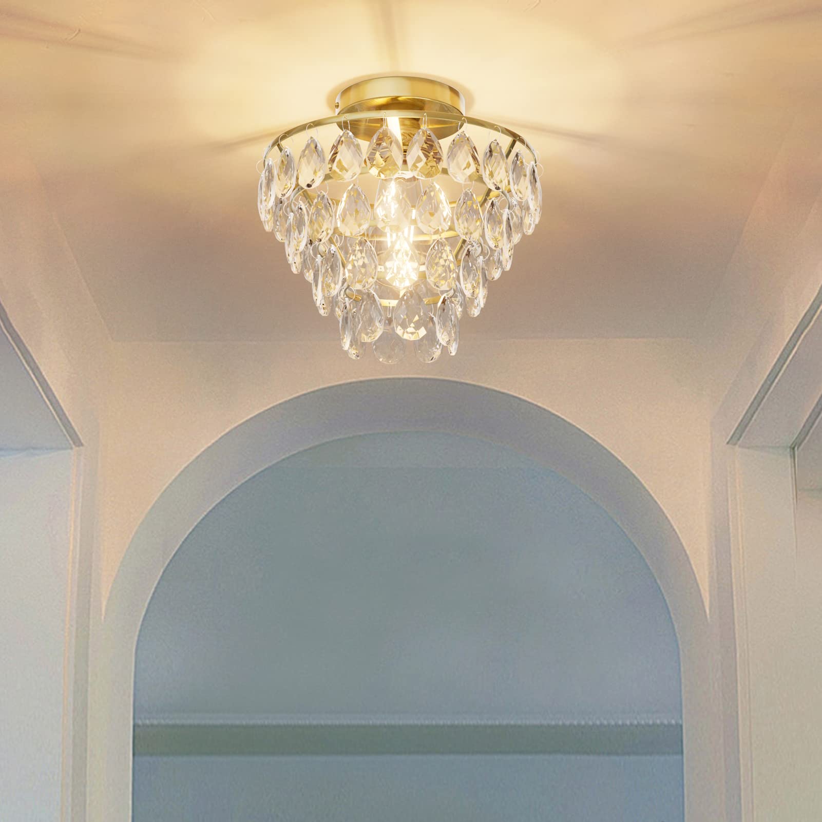 Aoceley Modern Gold Crystal Chandelier,Gold Semi Flush Mount Crystal Ceiling Light,Dimmable Chandeliers Ceiling Light for Hallway,Bedrom,Dining Room,Entryway,E26 Base