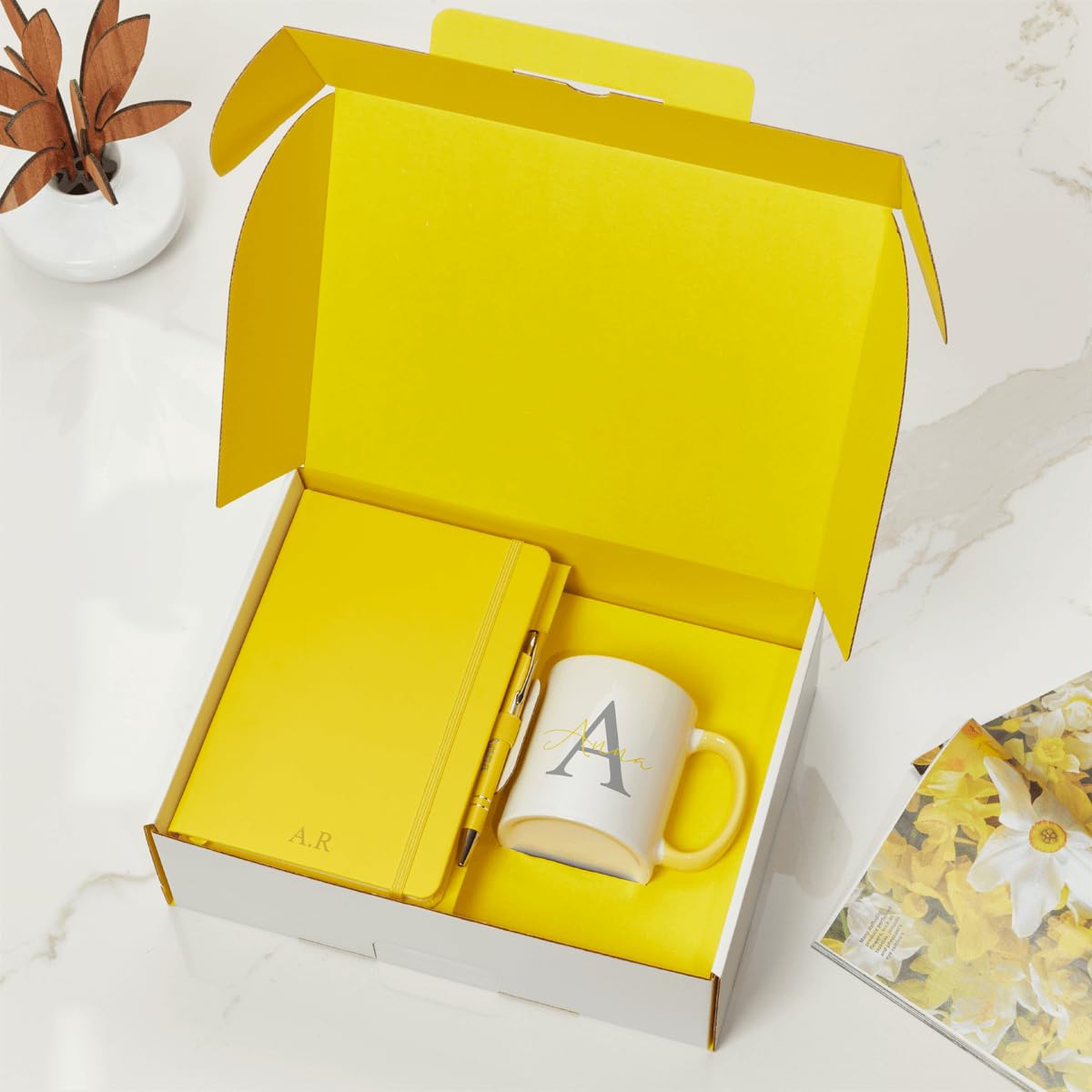 3P DIRECT Personalised Corporate Gift Set Box - Custom Notebook, Pen & Initial Mug Gift Set Graduate Gifts Gifting for Employees Business - Corporate Christmas Xmas Presents for Staff (Yellow)