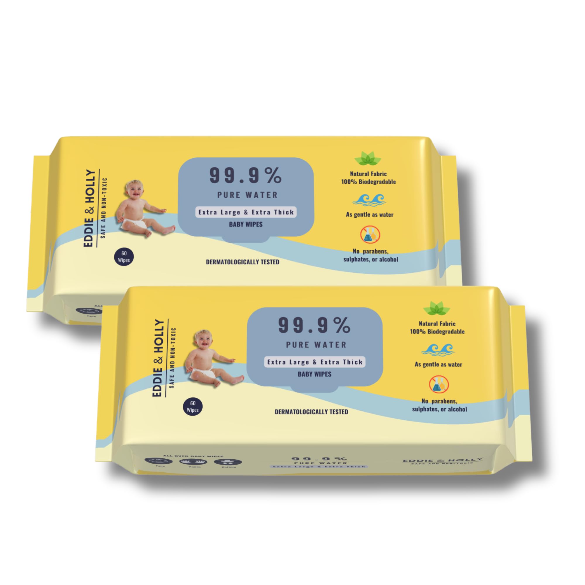 Eddie & Holly 99.9% Water Baby Wet Wipes | 2X Larger & 3X Thicker | 100% Plant based Fabric | Unscented | Zero Rash Wipes | Wipes for New Born Baby & Mother | Suitable for Sensitive Skin (2 X 60)-image-48